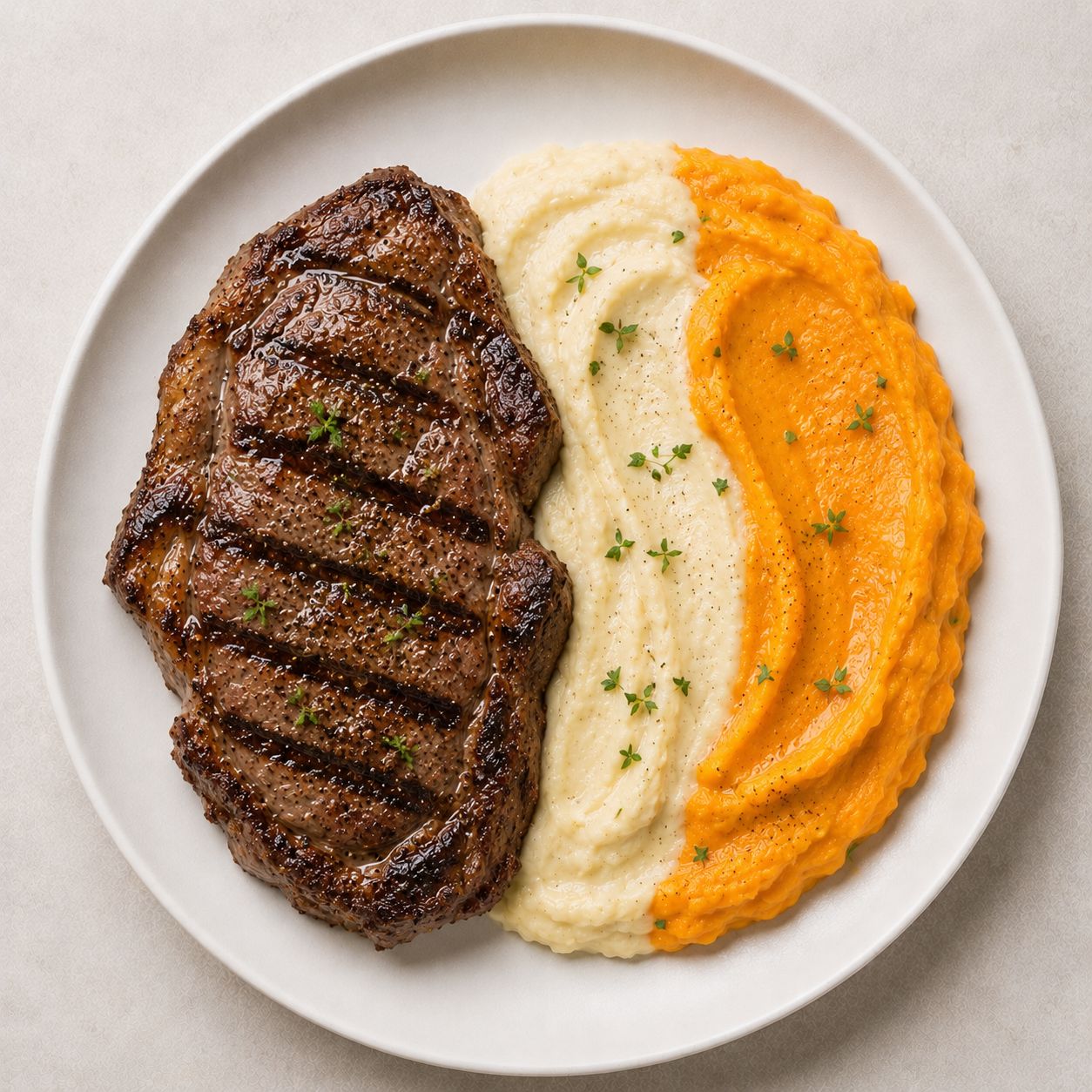 Bife de chorizo grillado con pure mixto
